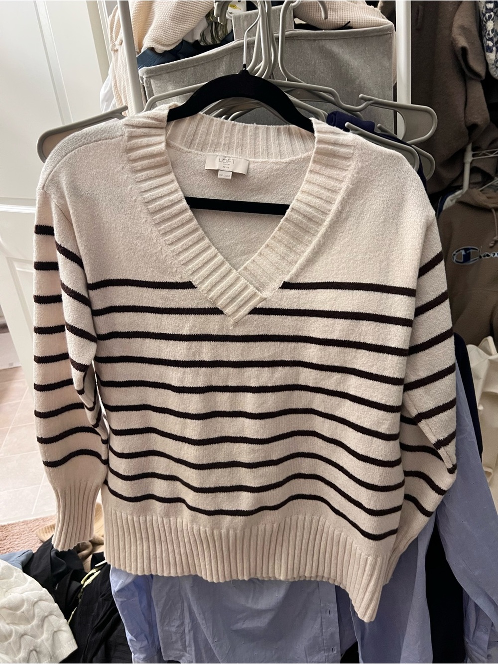 LOFT Light Cream V-Neck Ribbed Sweater